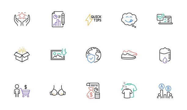 Bra, World insurance and Ab testing line icons for website, printing. Collection of Quickstart guide, Open box, Report document icons. Buyer, Clean t-shirt, Download photo web elements. Vector