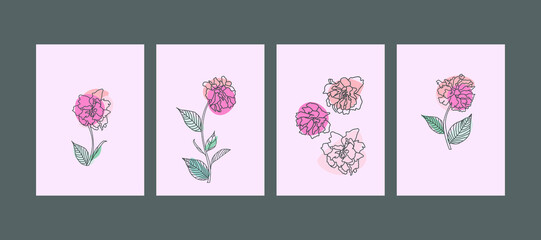 Set of creative minimalist hand draw illustrations. Flowers of flowering branches of cherry, peach, pear, sakura, botanical illustration. Floral outline pastel biege simple shape for wall decoration.