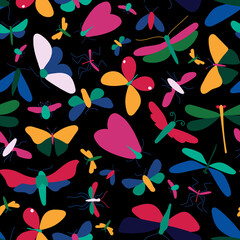 A seamless pattern of colorful bright insects, twigs, hearts. Perfect for wallpapers, gift paper, greeting cards, fabrics, textiles, web designs. Vector illustration. Hand drawn.