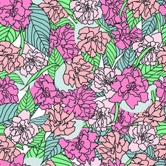 Vintage garden spring seamless background, pattern with pink flowers blossoming branches of cherry, peach, pear, sakura, botanical illustration.