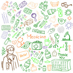 Colorful Medicine icons doodle set on white. Health care, pharmacy icons. Vector illustration.