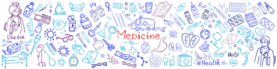Banner of Medicine icons doodle set on whate. Health care, pharmacy icons. Vector illustration.