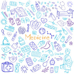 Blue Medicine icons doodle set on white. Health care, pharmacy icons. Vector illustration.