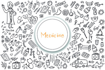 Medicine icons doodle set on white. Health care, pharmacy icons. Vector illustration.