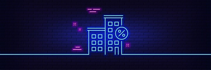 Neon light glow effect. Loan house percent line icon. Discount sign. Credit percentage symbol. 3d line neon glow icon. Brick wall banner. Loan house outline. Vector - obrazy, fototapety, plakaty