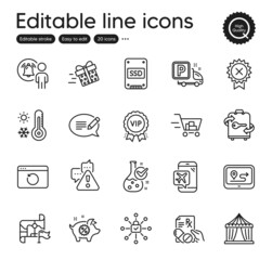 Set of Business outline icons. Contains icons as Warning, Message and Flight mode elements. User notification, Prescription drugs, Destination flag web signs. Luggage, Circus tent. Vector