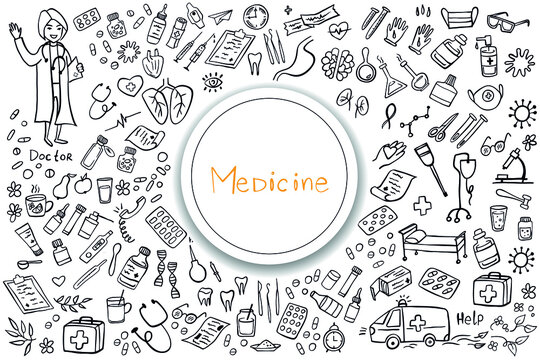 Medicine icons doodle set on white. Health care, pharmacy icons. Vector illustration.