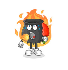 cauldron eat hot chilie mascot. cartoon vector