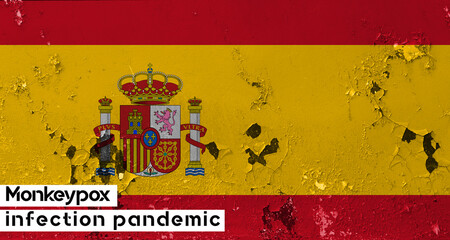 Monkeypox in Spain, Spain Flag with bacteria and cracks, Monkeypox infection pandemic. Monkeypox is a rare disease that is caused by infection with virus. virus is spreading in Spain