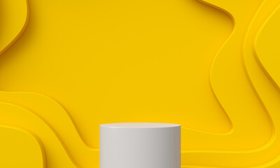 Banners cut from paper. White cylinder on a yellow background. 3D rendering.