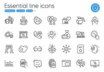 Stars, Cashback and Smile face line icons. Collection of 24h service, Internet, Market icons. Seo message, Coffee cup, Coffeepot web elements. Outsource work, Food app, Smile. Vector