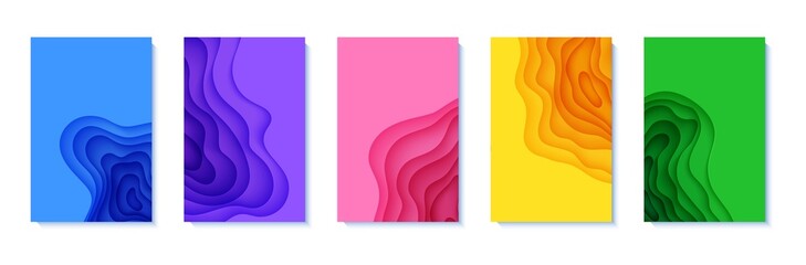 Set of five vertical flyers in cut paper style. Blue, green, yellow violet purple and pink template for posters, brochures, presentations, invitations with place for text . Collection of vector cards