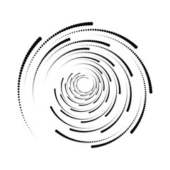 Black rotated halftone dots in spiral form. Vector illustration. Trendy design element for round logo, tattoo, twirl backdrop, web, template, emblem, badge, abstract background, banner, border frame