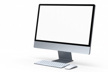 Realistic grey computer screen display with keyboard and mouse isolated on white