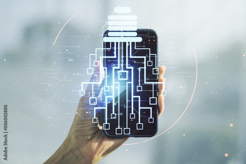 Poster creative light bulb with chip hologram and hand with cellphone on background, artificial intelligenc