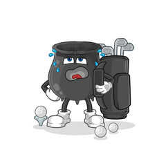 cauldron with golf equipment. cartoon mascot vector
