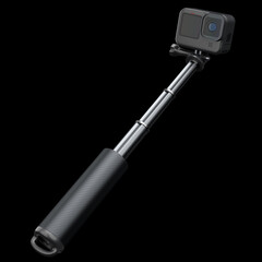 Photo and video lightweight action camera with selfie stick on black background