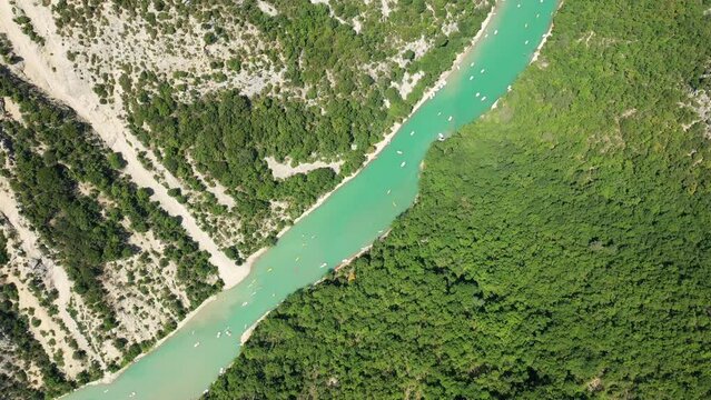 The Verdon with paradisiacal colors and its green forests in Europe, in France, Provence Alpes Cote dAzur, in the Var, in summer, on a sunny day.