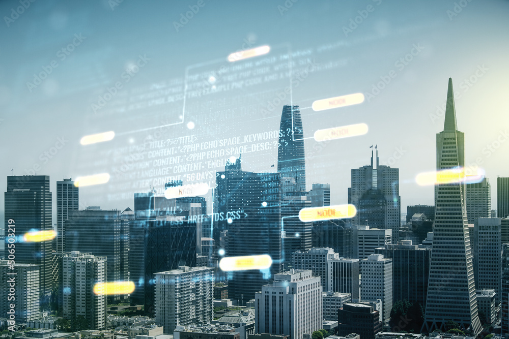 Poster double exposure of abstract creative programming illustration on san francisco office buildings back