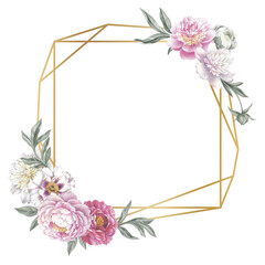 Golden crystal-shaped frame with peonies. Floral template for a wedding invitation cards and greeting cards. Isolated object on white background.  Hand drawn botanical illustration. 