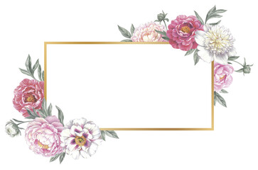 Golden frame with peonies. Floral template for a wedding invitation cards and greeting cards. Isolated object on white background.  Hand drawn botanical illustration. 