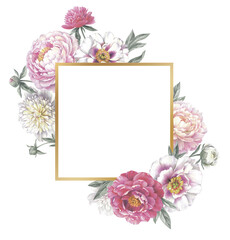 Golden frame with peonies. Floral template for a wedding invitation cards and greeting cards. Isolated object on white background.  Hand drawn botanical illustration. 
