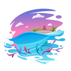 Fototapeta na wymiar illustration island with volcano and sea with algae