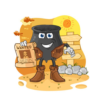cauldron cowboy with wanted paper. cartoon mascot vector