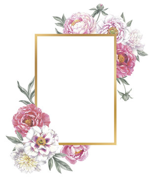 Golden frame with peonies. Floral template for a wedding invitation cards and greeting cards. Isolated object on white background.  Hand drawn botanical illustration. 