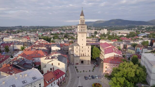 Bielsko-Biala from a drone on a sunny day. Town Hall and the characteristic buildings in the city.
