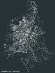 Detailed negative navigation white lines urban street roads map of the German regional capital city of MAGDEBURG, GERMANY on dark gray background