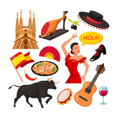 Set of more than 12 Spanish symbols: bull, guitar, paella, wine, olives, architecture, flag, Jamon, and others