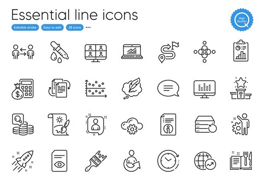 Creative painting, Startup rocket and Bureaucracy line icons. Collection of Copyright chat, Chemistry pipette, World statistics icons. Winner podium, Recipe book, Share web elements. Vector