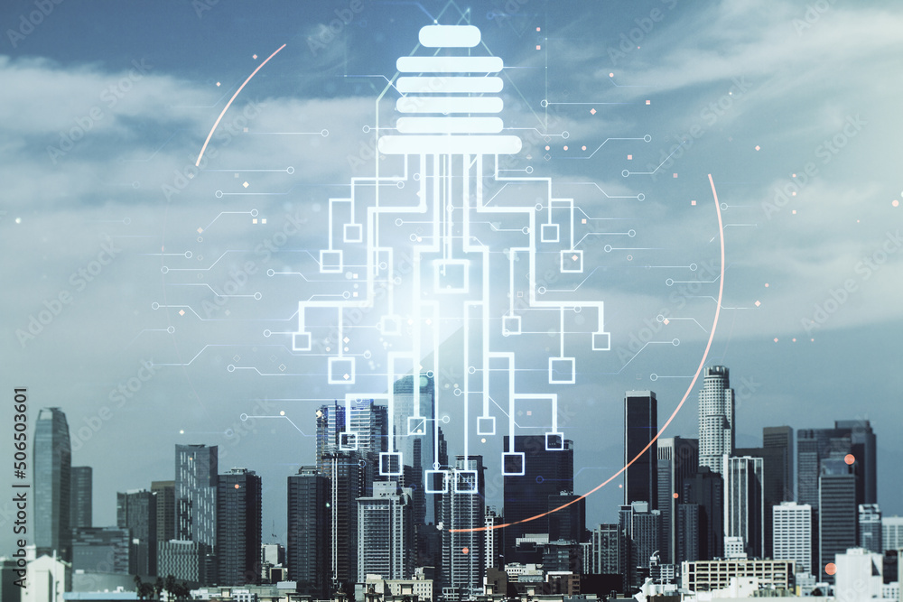 Poster virtual creative idea concept with light bulb and microcircuit illustration on los angeles skyline b