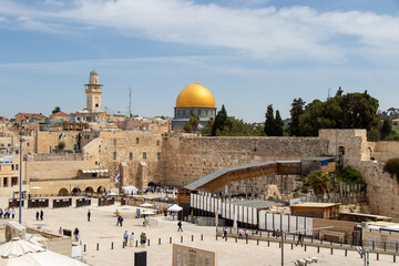 Fototapeta na wymiar Western Wall and Dome of the Rock in the old city of Jerusalem, Israel. Wailing wall
