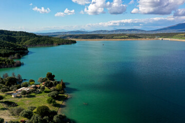 Beautifull aerial panoramic view from the drone to the Lake Pinios