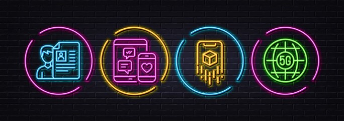 Augmented reality, Social media and Job interview minimal line icons. Neon laser 3d lights. 5g internet icons. For web, application, printing. Phone simulation, Mobile devices, Cv file. Vector