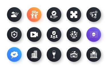 Minimal set of People insurance, Fireworks stars and Wineglass flat icons for web development. Video conference, Video camera, Cyber attack icons. Medical shield, Arena. Vector