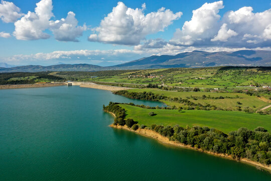 Beautifull aerial panoramic view from the drone to the Lake Pinios