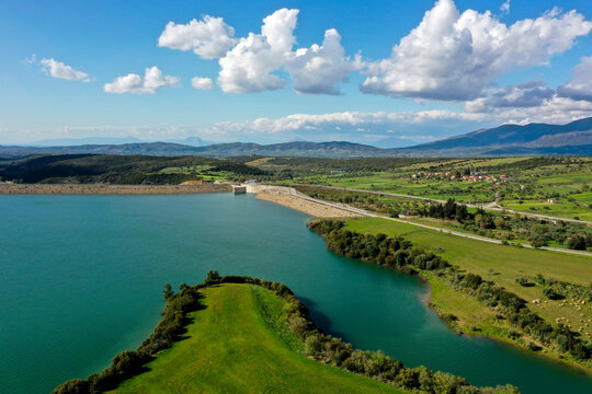 Beautifull aerial panoramic view from the drone to the Lake Pinios