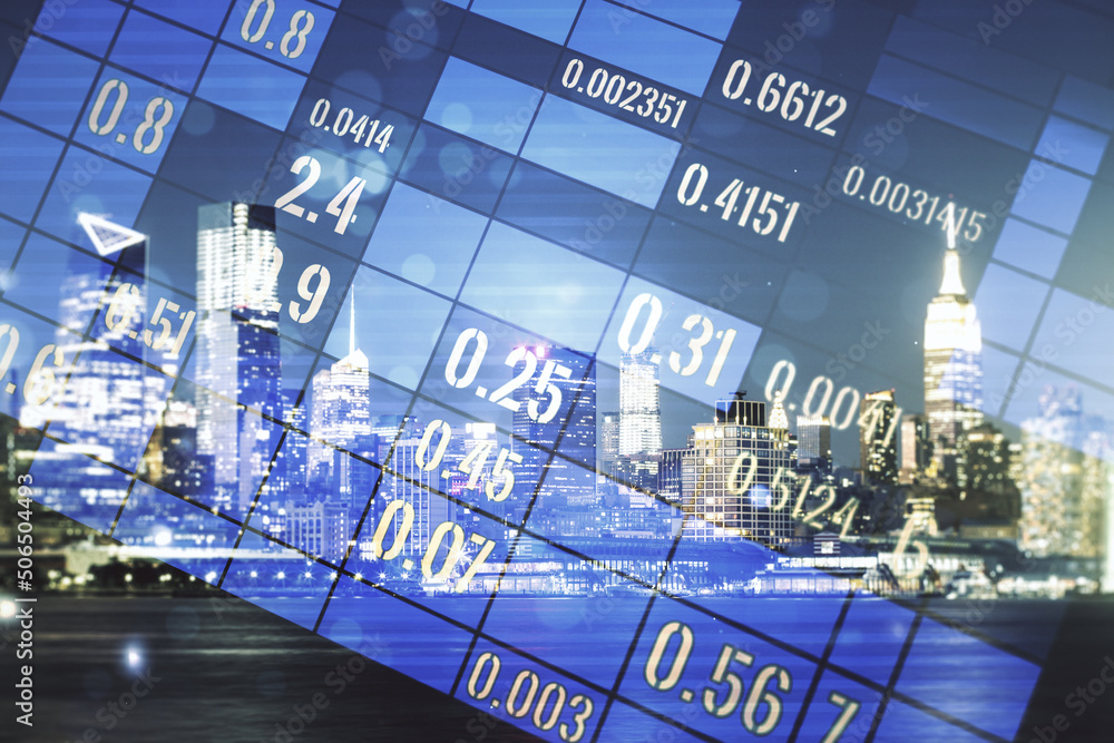 Poster multi exposure of abstract virtual graphic data spreadsheet sketch on manhattan cityscape background