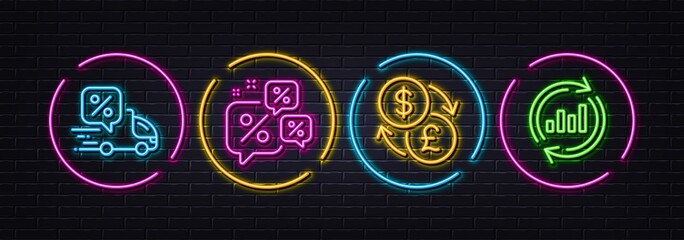 Discounts chat, Currency exchange and Delivery discount minimal line icons. Neon laser 3d lights. Update data icons. For web, application, printing. Sale bubbles, Money transfer, Courier. Vector