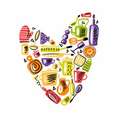 A collection of hand-drawn heart-shaped kitchen utensils