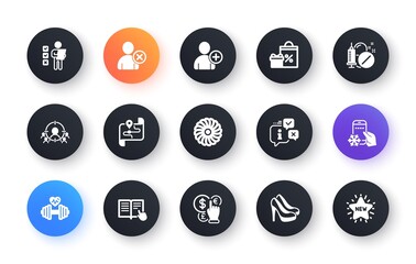 Minimal set of Read instruction, Medical drugs and Add user flat icons for web development. Shopping, Refrigerator app, Shoes icons. Business targeting, Dumbbell, Voting ballot web elements. Vector