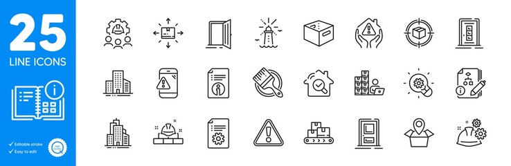 Outline icons set. Office box, Entrance and Buildings icons. Warning message, Lighthouse, Inspect web elements. Technical documentation, Inventory, Warning signs. Wholesale goods. Vector