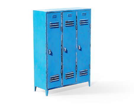 Metal gym lockers with one open door. 3d rendering illustration isolated on white background