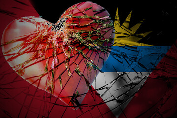 Background with the flag of Antigua and Barbuda with broken heart. 3d illustration