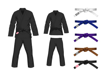 BJJ White Gi flat vector illustration. Kimono and pants with all belts vector illustration in flat style. Brazilian Jiu-Jitsu kit. Isolated. on black background.	
 - obrazy, fototapety, plakaty