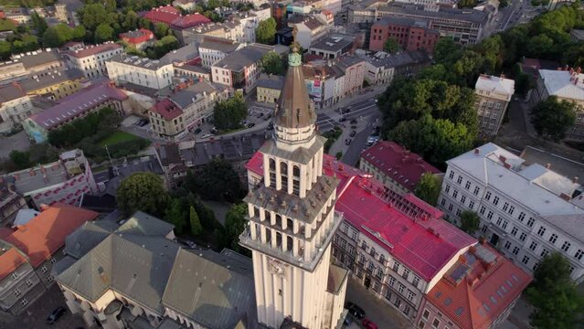 Bielsko-Biala from a drone on a sunny day. Town Hall and the characteristic buildings in the city.