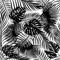 Hand painted black vector palm leaves seamless pattern on white background. Monstera leaves. Perfect for fabric, wallpaper or wrapping paper.